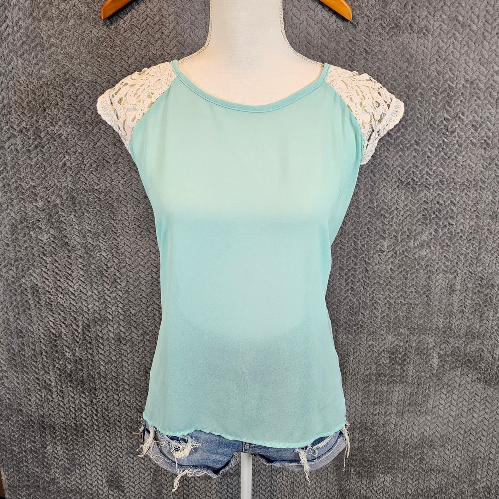 Romantic Sheer‎ Fairycore Crochet Lace Cap Sleeve Mint Green High-Low Blouse XL